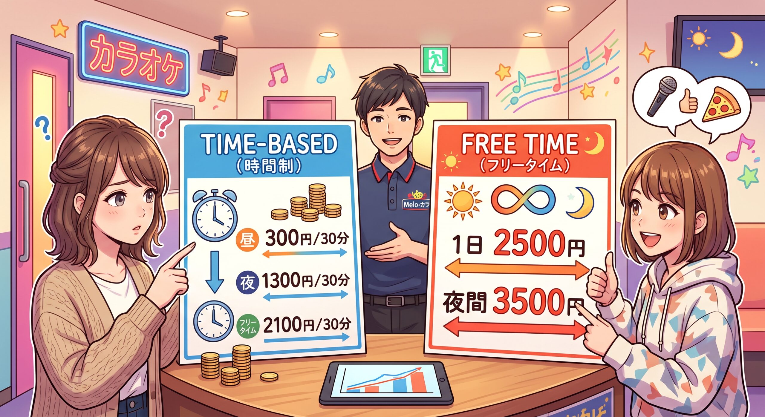 時間制とフリータイムの料金を比較するイメージ