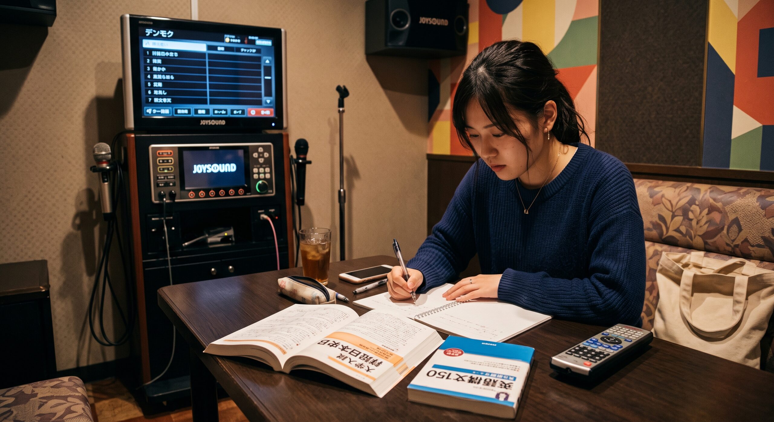 カラオケの部屋で参考書を広げる様子
