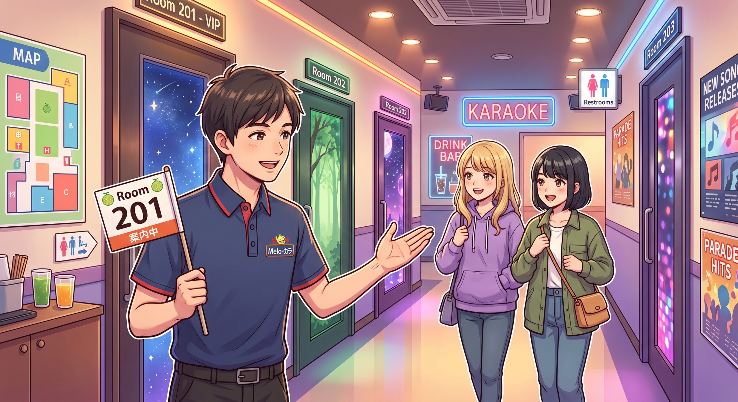 カラオケ店員が案内している様子