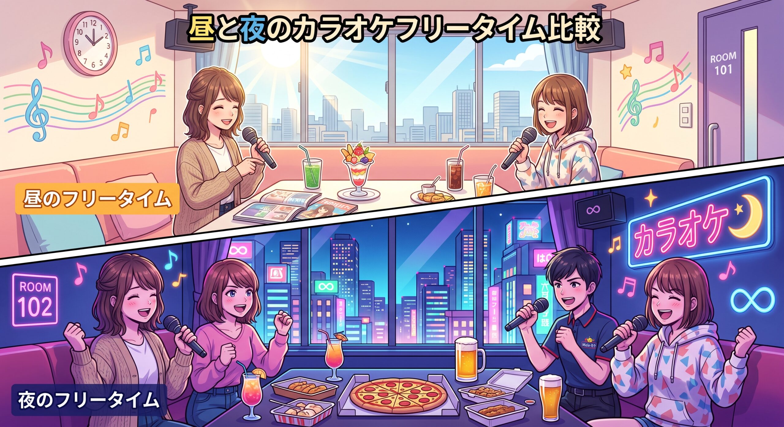 昼と夜のカラオケフリータイムのイメージ