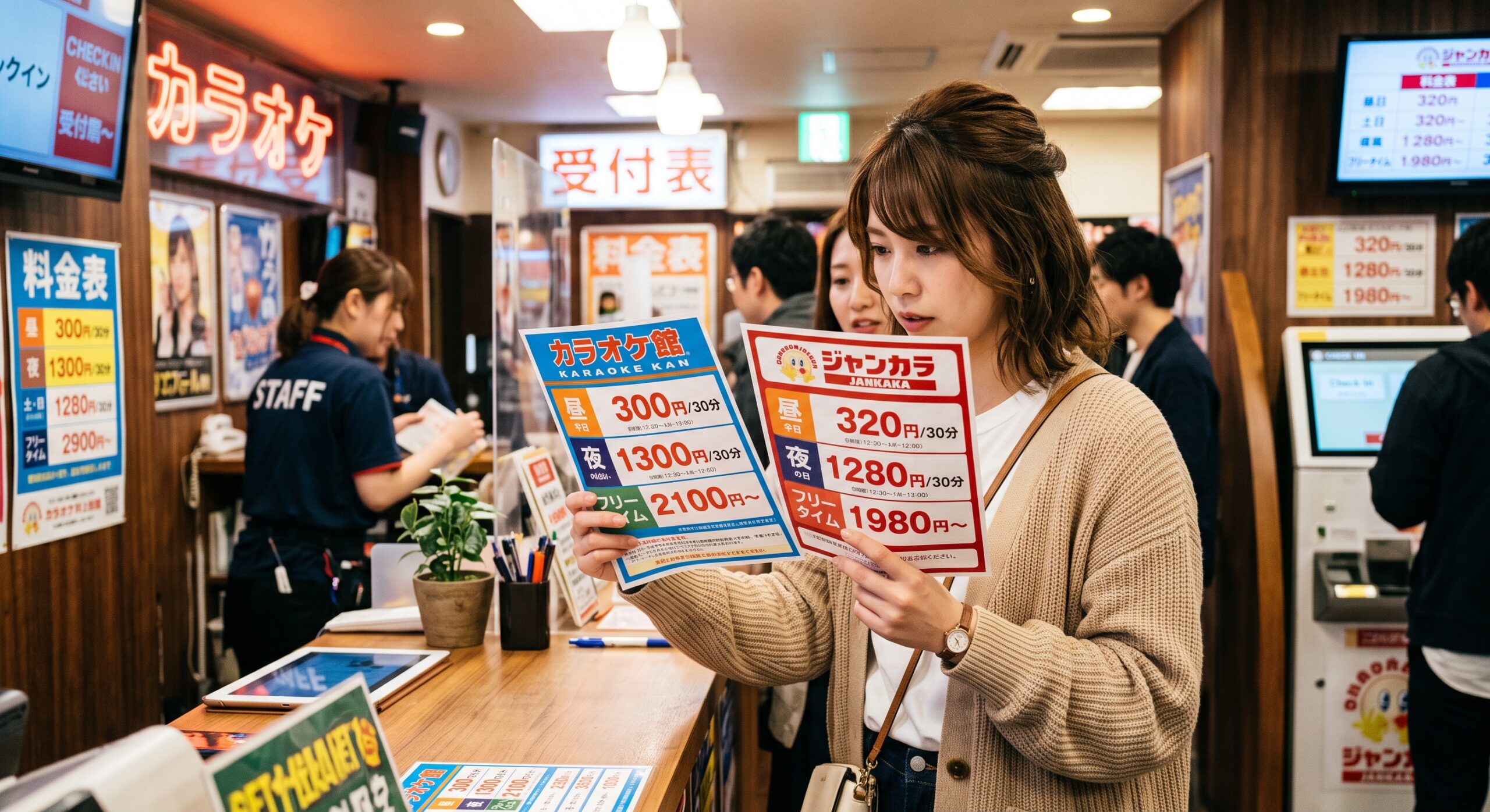 カラオケの料金表を見比べる様子