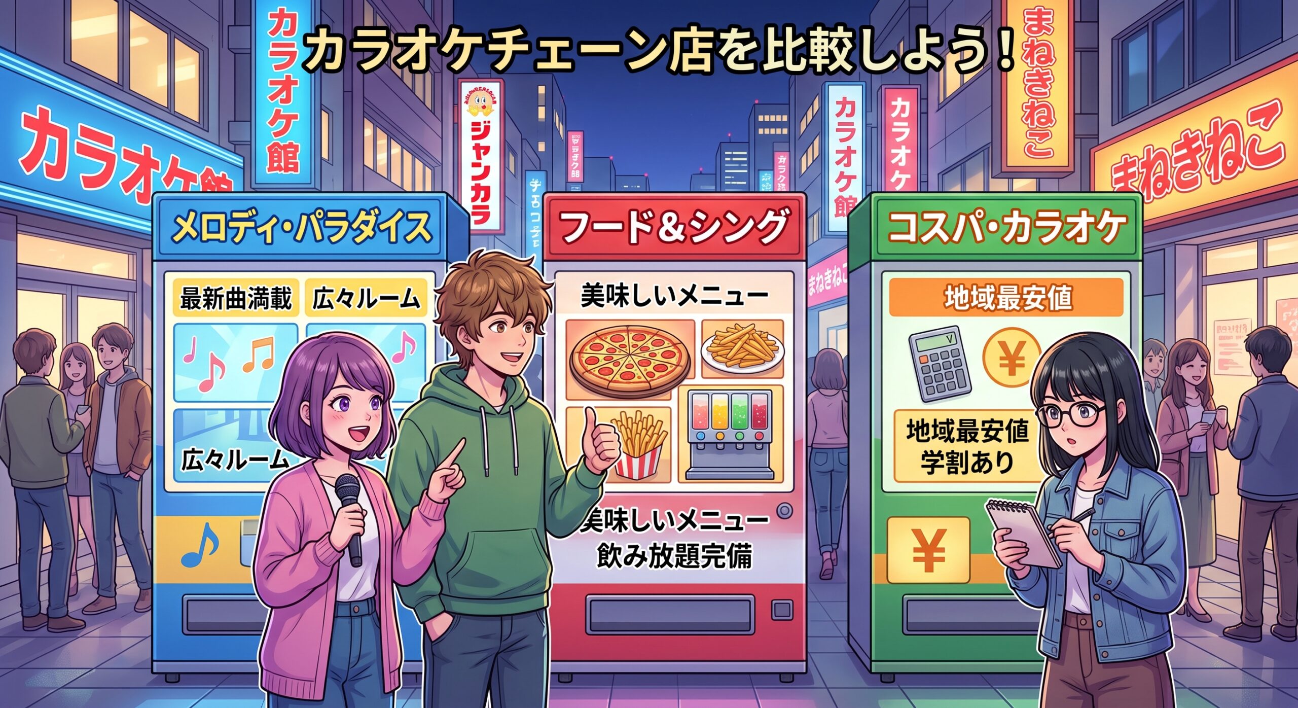 複数のカラオケチェーン店を比較するイメージ